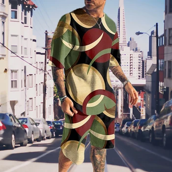 Yaz Yeni Moda Açık Büyük Boy erkek Trendi Rahat Doku 3D Dijital Baskı bol tişört Şort 2 Parça Set Kıyafetler