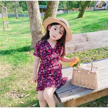 Yaz Çiçek Çocuklar Kızlar için Elbiseler Kore Moda Kısa Kollu Prenses Elbise Vestidos Yürümeye Başlayan Çocuk Giysileri Damla Nakliye