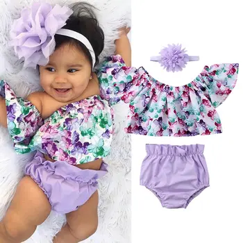 Yeni 0-24M Bebek Yenidoğan Bebek Kız Giysileri Set Çocuk Kız Kapalı Omuz Çiçek Üstleri Şort Bandı Kıyafetler 2 Parça Setleri