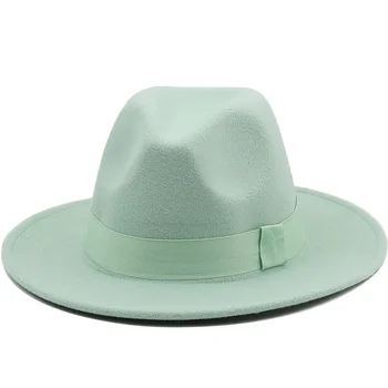 Yeni 7cm Geniş Ağızlı Kadın fötr şapka Şapkalar Arı Şerit Sonbahar Kış Düğün Parti Fötr Şapka Erkekler Beyefendi Caz Şapka 54-58cm