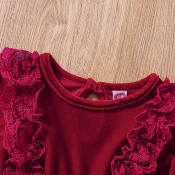 Yeni Doğan Bebek Kız Kadife Elbise ve Headdress Güz Kış Şarap Kırmızı Düz Renk Uzun Kollu Fırfır Etek Yay Düğüm Dekor