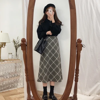 Yeni Harajuku Uzun Etek Kore gri Ekose Etek Kadın Fermuar Yüksek Bel Okul Kız Pilili Ekose Etek vintage Uzun Etek
