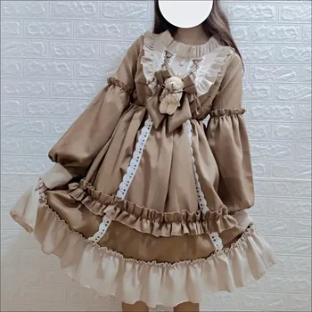 Yeni Kadın Lolita OP Elbise Flouncing Dantel Trim Japon Harajuku Uzun Kollu Bebek Genç Elbise Peri Vestidos