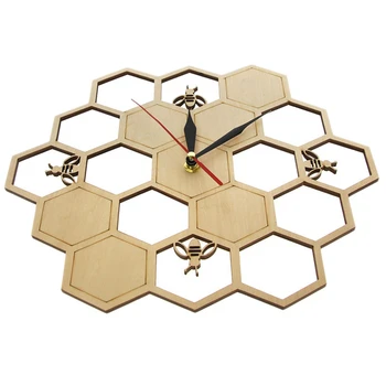 Yeni Kesim Ahşap Saat Bal Arısı bal peteği Altıgen Doğa İzle duvar saati Geometrik Mutfak sanat dekoru