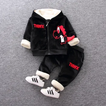 Yeni Kış Giyim Erkek Peluş Giyim Seti Bebek Kapşonlu Dinozor Ceket + Spor Pantolon Kalınlaşmış 2 Adet Moda Bebek Çocuk Giysileri