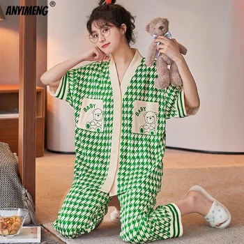Yeni Moda Yaz Pijama Yumuşak Pamuklu Buzağı Uzunlukta Pantolon Pijama Kızlar için Kawaii Ayı Baskı Balıksırtı Kimono Gecelik