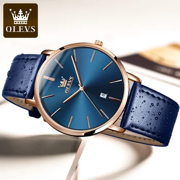 Yeni OLEVS quartz saat Erkekler için Ultra İnce 6.5 mm Minimalist Su Geçirmez Tarih İş İzle Moda Deri Kayış erkek saati