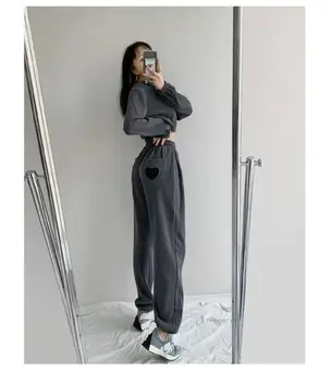 Yeni Sonbahar Pantolon Kadın Aşk Cep Tasarım Sweatpants Moda Katı Dantel Up Streç Bel Pantolon Rahat Gevşek Geniş Bacak Pantolon