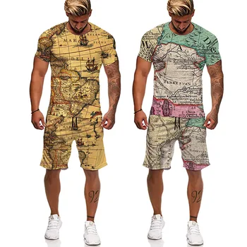 Yeni Yaz 3D Harita Baskı Rahat Erkekler Kısa Kollu T-Shirt + Şort Erkek O Boyun Üst eşofman takımı erkek giyim 2 parça Set