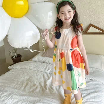 Yeni Yaz Pamuk Tatlı Güzel Moda Geometrik Baskılı Kolsuz Taze ve Serin Kız Elbise 2-7 Yıl Çocuklar Elbiseler