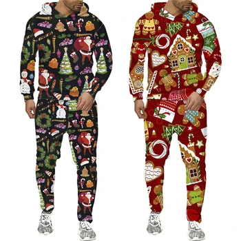 Yeni Yıl Giysileri Festivali 2 Adet eşofman takımı Moda Noel 3D Baskı Hoodies + Pantolon Takım Elbise Erkek Kadın Noel Partisi Çift Kıyafet