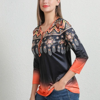Yeni Zarif v Yaka Üstleri Kadın 2023 Rahat 3/4 Kollu Baskı Bluz Gömlek Sonbahar Gevşek Streetwear Kazak Blusa