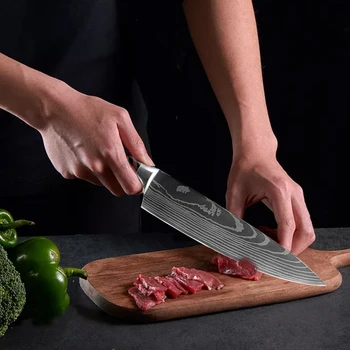 Yeni Şam Paslanmaz Çelik Mutfak Bıçağı Seti 5 ADET Yüksek Kaliteli Keskin Japon Şef Cleaver Et Ahşap Saplı Pişirme Bıçakları