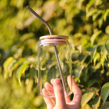 Yeniden kullanılabilir Cam İçme kapaklı bardak ve Saman Kok Bardak Doğal Bambu Kapaklı Delikli Kabarcık Çay için Süt Smoothie İçecekler