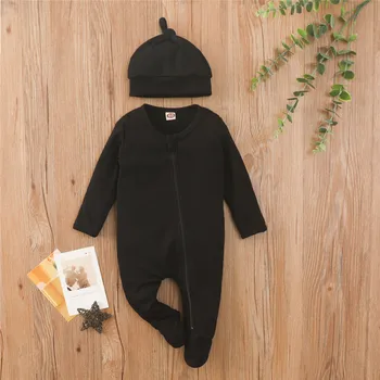 Yenidoğan Bebek Bebek Erkek Kız Romper Pamuk Örme Uzun Kollu Katı Tulum yürümeye başlayan Giysi Kıyafetler Erkek Bebek Giysileri + şapka