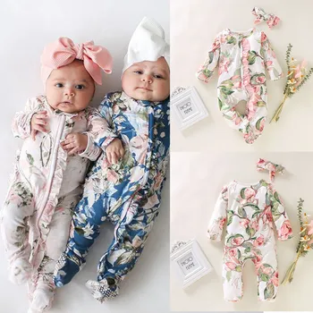 Yenidoğan Bebek Kız Romper 2020 Yeni bahar uzun kollu elbise Romper Çiçek Baskı Tulum Bebek Kız Sarılmış Ayak Romper 0-24M