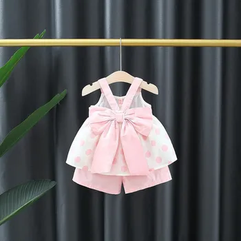 Yenidoğan bebek kız yaz giysileri kıyafetler setleri polka dot yay yelek üst şort takım elbise bebek kız için 1 yıl doğum günü giyim setleri