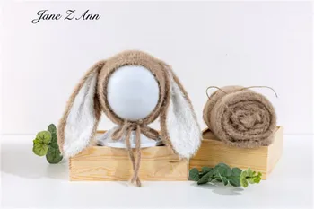 Yenidoğan şapka kulaklar tavşan yün şal dolunay bebek stüdyo ikizler çekim sahne