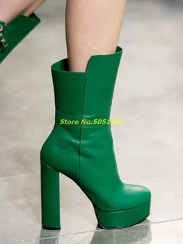 Yeşil Deri Platformu yarım çizmeler Fermuar Blok Topuk Yuvarlak Ayak Sonbahar Kış Kadın Ayakkabı Tıknaz Yüksek Topuk Katı Mat Deri