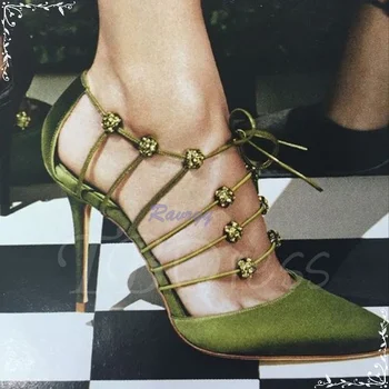 Yeşil Sivri Burun Lace Up Rhinestone kadın Şık Pompaları Stiletto Seksi Yaz yüksek topuklu sandalet Şık Gladyatör Ayakkabı