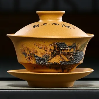 Yixing orijinal cevher mor kum el-boyalı Jiangnan Chun hanedanı gaiwan ev Kung Fu üç yetenek gaiwan Soperas LB80313