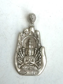 YİZHU KÜLTÜR SANAT Koleksiyonu Eski Çin Tibet Gümüş Oyma Avalokitesvara El Muska Kolye Dekorasyon Hediye