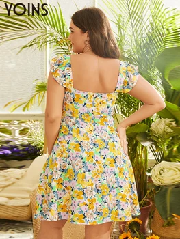 YOINS Artı Boyutu yaz elbisesi Kadın bohem tarzı çiçek Baskılı Mini Sundress 2022 Seksi Kolsuz V Boyun Casual Ruffled Parti Elbise