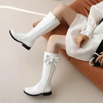 YQBTDL Pembe Beyaz Siyah Tatlı Lolita Tarzı Prenses yarım çizmeler Sonbahar Kış 2022 Dize Boncuk Yay Düşük Topuk Parti Kadın Ayakkabı 43