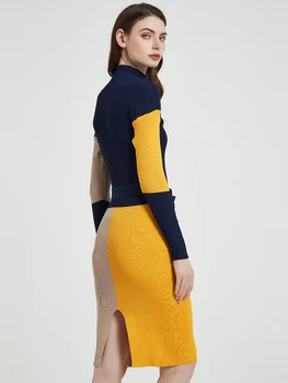 YuooMuoo Kadın Elbise Sonbahar Kış Zarif Renk Patchwork Örme Kazak Elbise Kemer Ofis Bayan Paketi Kalça Bodycon