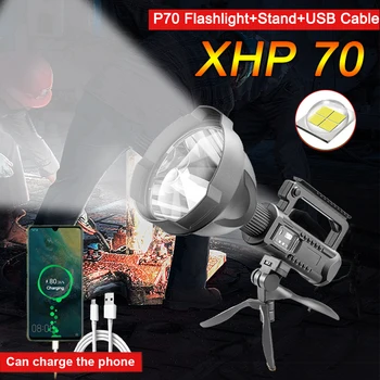Yüksek Güç LED el feneri Güçlü XHP70 Torch USB Su Geçirmez Projektör LED Spot Taşınabilir Aydınlatma Balıkçılık Güç Bankası