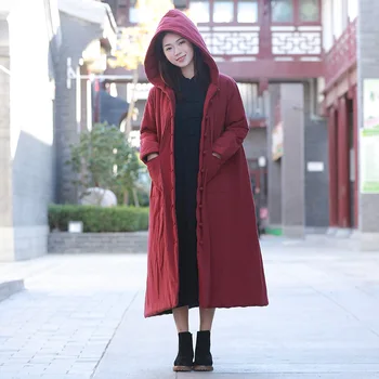 Yüksek kaliteli büyük boy kadın xlong ceket kalınlaşmak retro dış giyim kapşonlu palto pamuk keten X uzun üstleri kadın elbise pamuk yastıklı