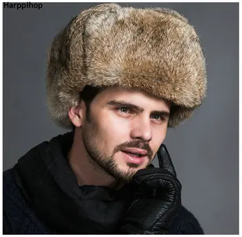 Yüksek Kaliteli erkek %100 % Gerçek Tavşan Kürk Kış Şapka Lei Feng Kulak Flepli şapka Sıcak Kar Kapaklar Rus Şapka Bombacı Kap 2019 şapka