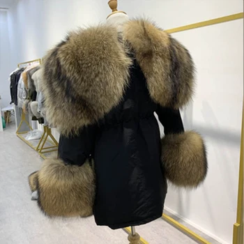 Yüksek Kaliteli kadın Parka Kış Kar Sıcak Giyim Doğal Gerçek Tilki Kürk Ceket Büyük Yaka Tasarım Fermuar Bel Ceket