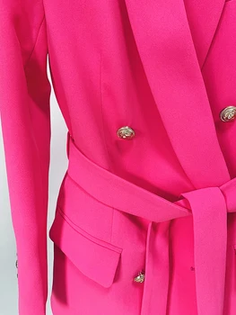 YÜKSEK SOKAK Yeni Moda 2022 Tasarımcı Ceket kadın Kruvaze Aslan Düğmeler Kuşaklı Şal Yaka Blazer Sıcak Pembe