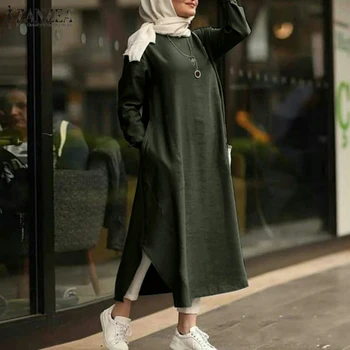 ZANZEA 2022 Kaftan Müslüman Elbise kadın İslam Sundress Casual Uzun Kollu Maxi Vestidos Kadın Katı Robe Femme