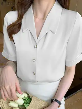 ZANZEA 2022 Yaz Kadın Gömlek Kadın Yaka Boyun Kısa Kollu Ofis OL Tunik Üstleri Rahat İş Saten Bluz Düğmeleri Blusas