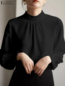 ZANZEA Kadınlar Bahar Parti Bluz Moda Rahat Zarif Blusas O-boyun Uzun Kollu O-boyun Düz Renk Ruffles Chemise Tops 2022