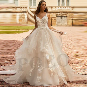 Zarif düğün elbisesi Lüks V Yaka Kolsuz Romantik Aplikler Dantelli Katmanlı Prenses Sevgiliye Vestido De Novia 2022