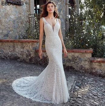 Zarif Vestidos De Novia düğün elbisesi Mermaid V Yaka Yaka Kolsuz Artı Boyutu Custom Made Dantel Düğün Büyümek gelin Kıyafeti