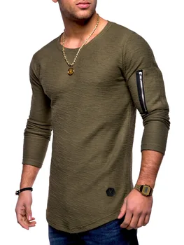 ZOGAA Sıcak Satış erkek Düz Renk Yuvarlak Boyun uzun kollu tişört Kol Fermuar Dikiş Kişilik Tarzı Uzun T-shirt