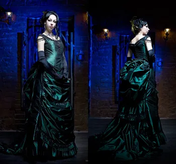 Zümrüt Yeşil Gotik Gelinlik 19 yüzyıl Dönemi Kostüm Vampir Topu Masquerade Alternatif Cadılar Bayramı gelinlik
