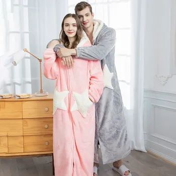 Çift Yıldız Nightgowns Yeni Sonbahar Kış Kore Versiyonu Loungewear Mercan Kadife Kalınlaşmış Gecelikler erkek Uzun Pijama