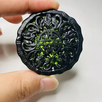 Çin Doğal Siyah Yeşil Yeşim Ejderha Tavuskuşu Kolye Kolye Obsidyen Charm Takı Aksesuarları Oyma Muska Hediyeler