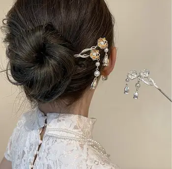 Çin Vintage Stil Saç Çubuklarını Altın Gümüş Inci Çiçek Metal Saç Sopa Kadın Başlığı Firkete Saç Takı Aksesuarla