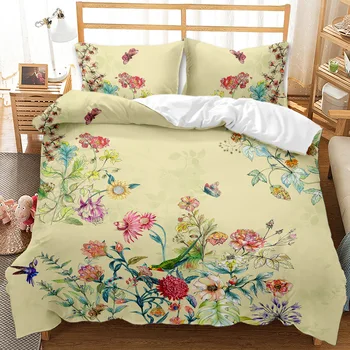 Çiçek Yorgan yatak örtüsü seti Kral / Kraliçe Boyutu, Açık Mor Avrupa Tarzı Çiçekler Şube Desen Polyester Yorgan Kapak Denim Renk