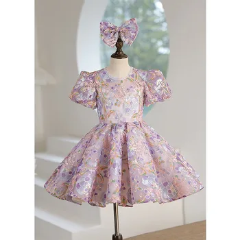 Çocuk Elbise Nakış Sequins Prenses Mor Elbise Tutu Etek Piyano Performans Kostüm Çocuk Konak Çiçek Kız Yay Elbise