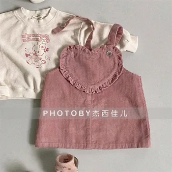 Çocuk Giyim 2022 Sonbahar Kış Kore Tarzı Yeni Moda Bebek Tatlı Kadife kemerli elbise Rahat Basit Çocuk Elbise Kız