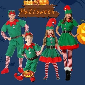 Çocuk Yeşil Noel Elf Giyim Ebeveyn-Çocuk Giyim Yetişkin Çocuk Erkek Ve Kadın Noel Parti Elbise