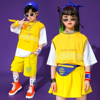 Çocuklar Konser Hip Hop Giyim Sarı T Shirt Üstleri Mini Etek Pantolon Streetwear Kız Erkek Caz dans kostümü Gösterisi Kıyafetler