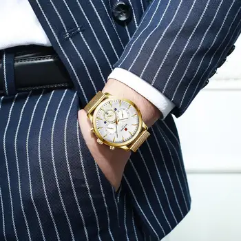 ÖDÜL erkek saati Kuvars Beyaz Kadran Tarihi Ekran örme kayış Lüks Altın Üst Marka İş Saatler Relogio Masculino